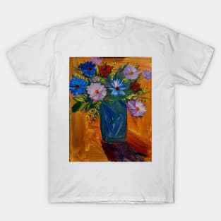 Mixed flowers in blue and silver vase on a colorful tiles background T-Shirt